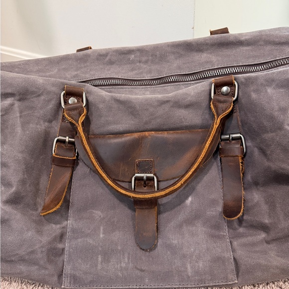 NEWHEY Gray canvas Duffel travel Bag with Brown Leather Straps waxed canvas - Picture 2 of 12